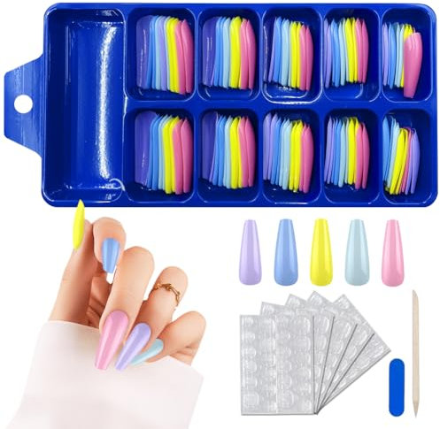 VZXQX Uñas Postizas Largas Colores, 100 Piezas Adhesivas Con Diseños, Puntas Acrílicas Bailarina, Pegatinas Para Mujeres y Niñas Manicura