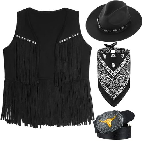 Suhine Western-Outfits für Damen, Quaste, Weste, ärmellos, Fransen, Jacke, Lederschnalle, Gürtel, Cowboyhut, Paisleymuster, Bandana, 4 Stück, schwarz, weiß, Large