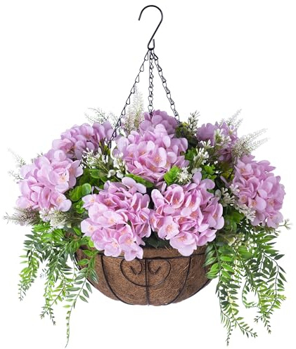 Ammyoo Artificial Flowers in Hanging Basket Planter for Home Spring Summer Decoration, Silk Hydrangea Outdoor Indoor Arrangements, 12 Metal Coconut Lining Basket with Faux Plant(Pink)