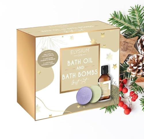 Bath Oil & Bath Bomb Gift Set Vanilla Coconut Chamomile Jasmin Scent Elysium Spa