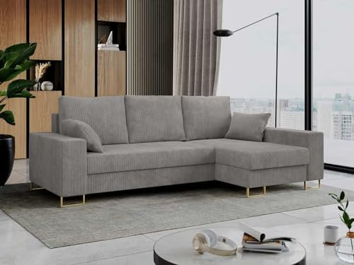 MKS MEBLE Ecksofa Dorian L-Form, Wohnlandschaft mit Schlaffunktion & Bettkasten, Schlafsofa mit Kissen, Couch mit Schlaffunktion - Bezug Cord, Farbe Hellgrau