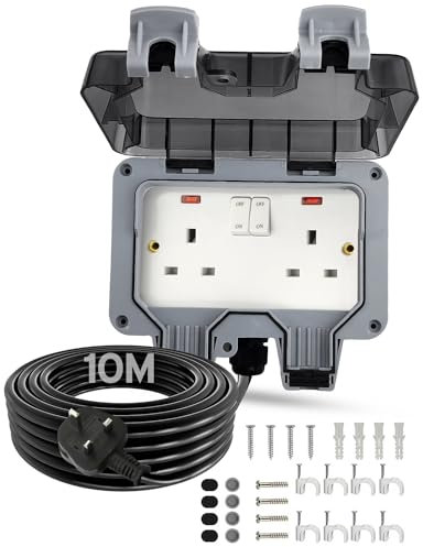 Outdoor Socket With 10m Extension Lead - IP66 Waterproof Double Socket With Switch Indicator Light - 13Amp Weatherproof Wall Electrical Outlet Box for Garden, Garage, Yard