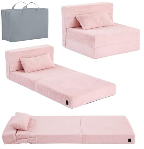 Tiita Folding Sofa Bed Floor Mattress for Kids, Toddler Washable Foldable Floor Nap Mat, Child Fold Up Sofa Futon Folding Chair Bed with Storage Bag for Girls Boys, Ball, Plush Pink