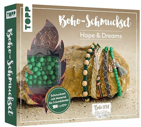Boho-Schmuckset Hope & Dreams (Grün): Anleitung und Material für 5 Armbänder im Boho Look zum Selbermachen. Bänder, Biegeringe, Perlen und Anhänger. Nickelfrei (Schmucksets)