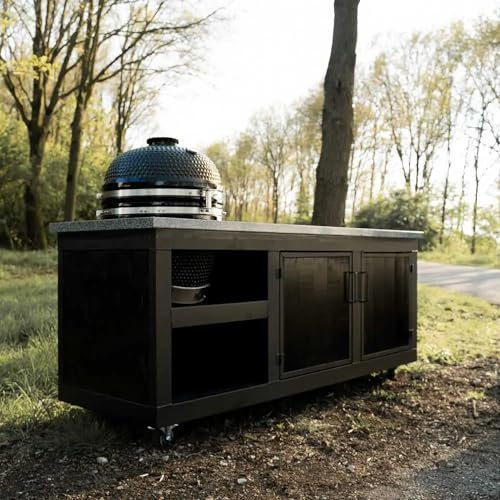 TitanCrafts - The Big Chef Black Außenküche Outdoorküche wetterfest mit Arbeitsplatte aus Granit hell (Aussparung Links) - Type 2 - inkl. Stauraum, 4 Rädern - für Garten & Terrasse - 210x72x93cm