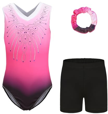 Konstnärlig gymnastik Body för flickor - Flickor Långärmad Ärmlös Gymnastikdräkt med Gradienta Färger Shorts och Pannband, Friidrott Bodysuit för Barn 5–14 år, B68 ROSA, TAG 10A(9-10 anni)
