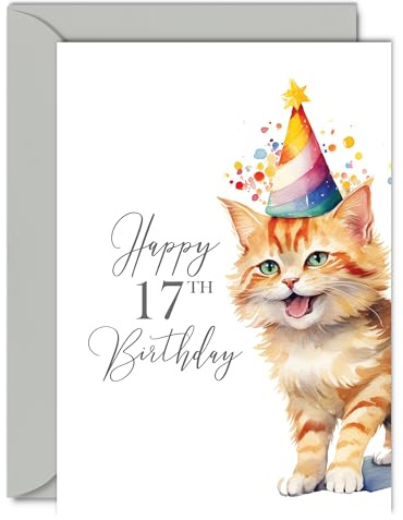 Geburtstagskarte zum 17. Geburtstag für Jungen und Mädchen, Party-Katze, Geburtstagskarte für 17-jährige Jungen, Mädchen, Enkel, Enkelin, Sohn, Tochter, Neffe, Nichte, A5-Grußkarten zum Geburtstag