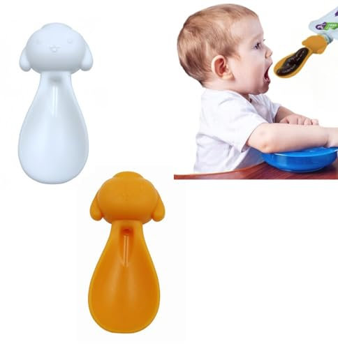 WeddHuis 2 Stück Squeeze Baby Spoon, Baby Spoon for Feeding, Reusable Baby Weaning Spoon Self-Feeding Spoon, Squeeze Feeder Spoons, Squeeze Silicone Spoon Attachments, Baby Led Weaning（weiß, orange）