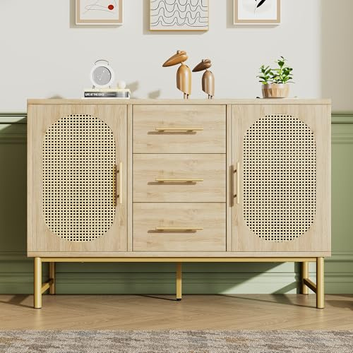 BTM Rattan Sideboard with 3 Drawers and 2 Cabinets, Anti-Tip Chest of Drawers with Metal Handles, Oak Chest of Drawer for Bedroom, 120x40x74cm