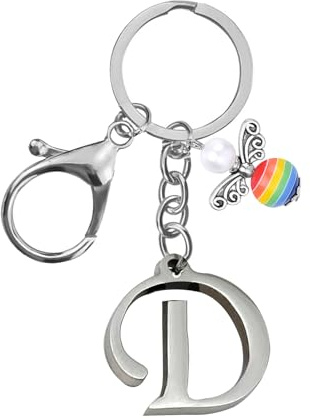 Porte-clés pour homme et femme en métal avec lettre de l'alphabet personnalisable avec breloque ange, cadeau d'amitié, cadeau de 18e anniversaire, porte-clés de voiture (D)