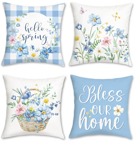 Bonhause 4er Set Kissenbezüge Blumen 45 x 45 cm Schmetterlinge Blume Blau Dekorative Kissenhülle Zierkissenbezüge für Sofa Schlafzimmer Zuhause Garten Dekoration