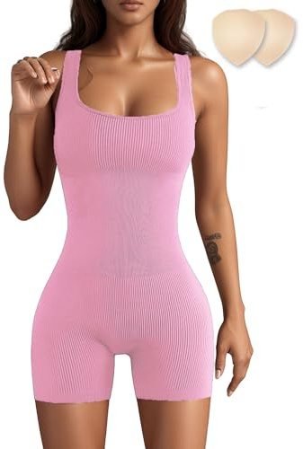 Merlvida Sport Jumpsuits für Damen Kurzer Bodycon Jumpsuit Eng Elastischer Figurbetonter Einteiler Bauchweg Workout Bodysuit Nahtloser Overall für Fitness Yoga Gym