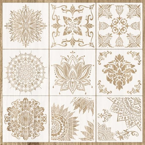Sxutop 9 Pezzi Mandala Stencil di Pittura 30x30cm Templates Riutilizzabili Mandala Stencil Grande Modello di Pittura in Plastica per Pittura DIY Scrapbook Wall Pavimenti Mobili