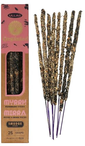 Ullas - Incenso Bastoncini Naturali alla Mirra, Fatti a Mano in India, Lunga Durata 60min, 9-10 Bastoncini, 25 Grammi