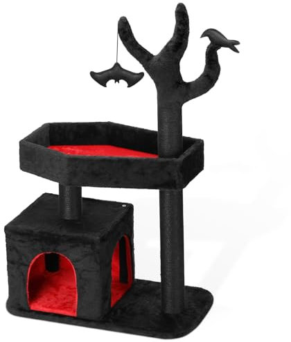 Rhdekoein Gothic Kratzbaum groß, 120cm Hoch, Multi-Level Katzenbaum für große Katzen, mit Plüschball, Katzenhaus Indoor, Sargbett Plattformen, Plüsch Sisal, Breite Basis, Gemütlicher Katzenwohnung