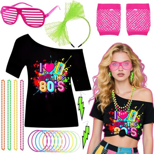 Glirop 19Pcs 80s T-Shirt Set for Women, 1980s Retro Fancy Dress Accessories with Top Fishnet Gloves Earrings Headband Shutter Glasses Bracelet Necklace for Girls Costume Outfit Hen Do Party