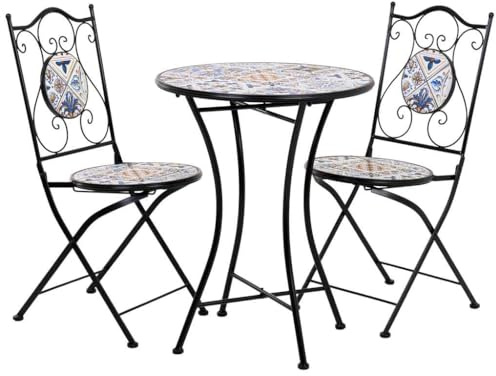 WANDERLUST DECO Conjunto Mesa y Dos sillas de Mosaico y forja Negro Mesa:D60x75h-silla(2):D38x46-90h