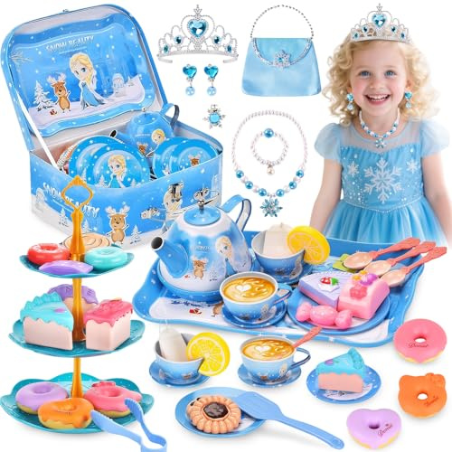 55 Pcs Service à Thé pour Enfants avec Etui de Transport,Tea Party Jeux de Rôle pour Filles 3 à 8 Ans,Jouet de Cuisine Faisant Semblant Comprend une Couronne,un Collier en Cinq Pièces et un Sac à Main