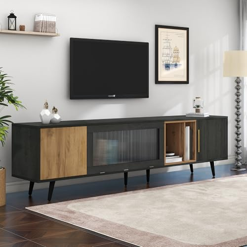 Merax TV Schrank Lowboard 200cm, Modernes TV Board TV-ständer mit Riffelglastür, Offenes Staufach, Schlichtes Fernsehtisch HiFi-Schrank für Wohnzimmer/Schlafzimmer, Wohnzimmermöbel, Holzfarbe & Grau