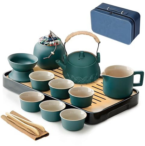 12 pcs Green Ceramic Chinese Tea Set Gifts Tea Sets with Teapot, Tea Cups, Bamboo Tea Tray, Cenister, Infuser, Tray Portable Bag, Tea Infuser, Kung Fu Cup and Teapot Set Travel Tea Set for Tea Lovers