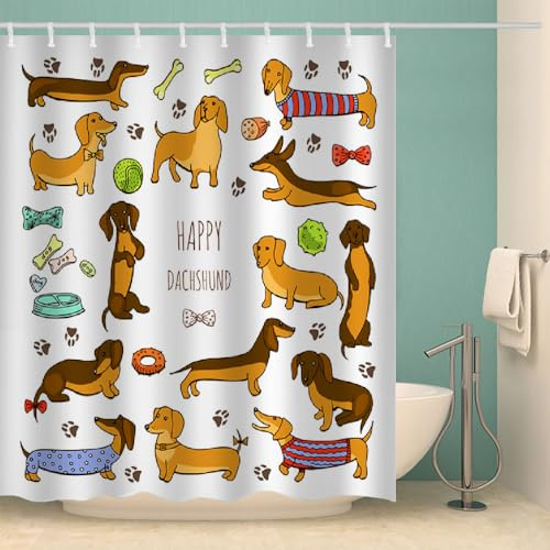 RFFLUX 3D Dackel Duschvorhänge 120x180 cm Polyester Wurst Hund Duschvorhang Anti Schimmel mit 12 Haken Anti-Bakteriell Waschbar Wasserdicht Badvorhänge für Badezimmer（Stil 30-3）
