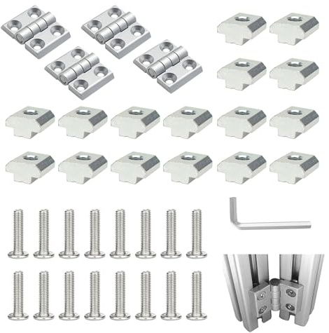 4er Set Klappscharniere M4 für 2020 Aluprofil Nut 6, Türscharniere aus Zinklegierung inkl. Nutensteine und Schrauben, Zubehör für DIY Schranktüren und Leichte Automatisierungsgeräte (Silber)