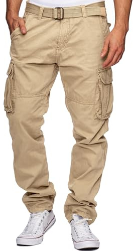 Indicode William - Pantalones cargo para hombre (algodón, 7 bolsillos, incluye cinturón), Crudo, XL