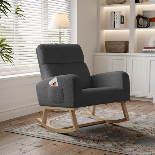 Schaukelstuhl Sessel Relaxsessel Schaukelsessel mit Fußstütze,Stillstuhl Schwingstuhl mit Lendenkissen & 2 Seitentaschen,Leinenstoff,Lesesessel für Wohnzimmer Schlafzimmer (Teddystoff, Dunkelgrau A)
