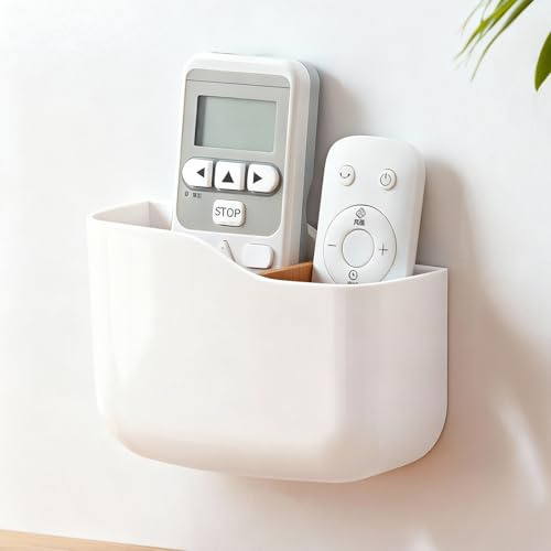PAVSTINE Soporte Mando Grande Autoadhesivo con 2 Compartimentos Ajustables | Organizador Mandos Multifuncional, Soporte Mando Pared con Organizadores para Mandos de TV y Cargador, Blanco