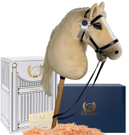 Ehrenpferd Hobby Horse Pferd -A3- Premium Steckenpferd mit Zubehör für Hobby Horsing: Pferde Spielzeug Set mit Stockpferd, Trense, Turnierschleife & Stall als Pferde Mädchen Geschenk - Sunny