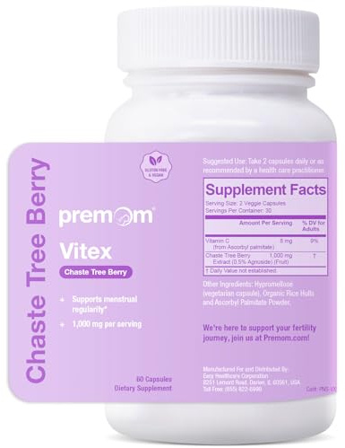 Premom Vitex, 1,000mg Per Serving, Vitex Chasteberry Supplement for Women, 2-in-1 with Fat Soluble Vitamin C, Hormone Balance, Fertility, Menstrual Cycle, & PMS Support*, Vegan, 60 Veggie Capsules