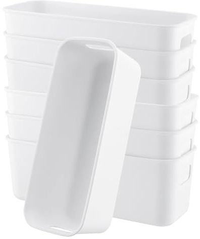 NGOSUET 8 Stück Weiß Aufbewahrungsbox Kunststoff Organizer Box, Schmal Aufbewahrungskorb Klein Ordnungsboxen, Aufbewahrung Körbe mit Griffen für Küche Schrank Badezimmer