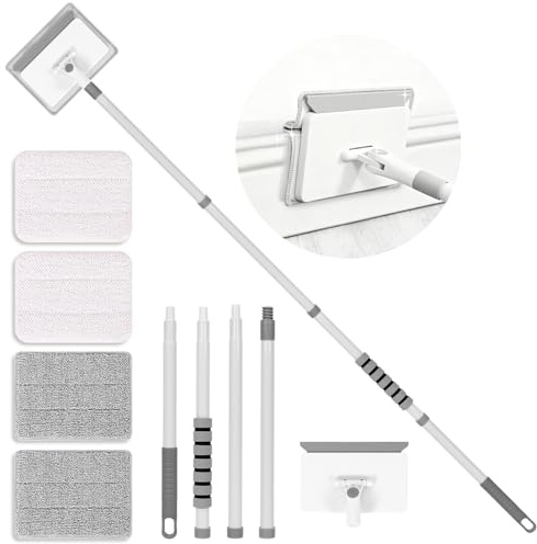 Skirting Board Cleaner with Long Handle, 142cm Long Wall Floor Cleaner Mop with 2 Chenille, 2 Microfiber Pads
