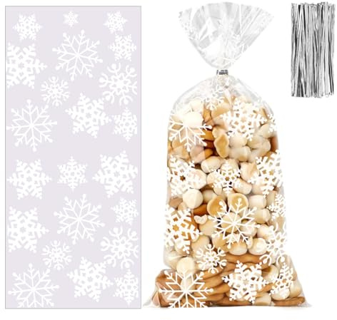 100 Pezzi Sacchetti Trasparenti Plastica Biscotti Natale, Sacchetti Cellophane Trasparenti Fiocchi di Neve, Buste Sacchettini Regalo per Alimenti Dolci Natalizi Pensieri Caramelle