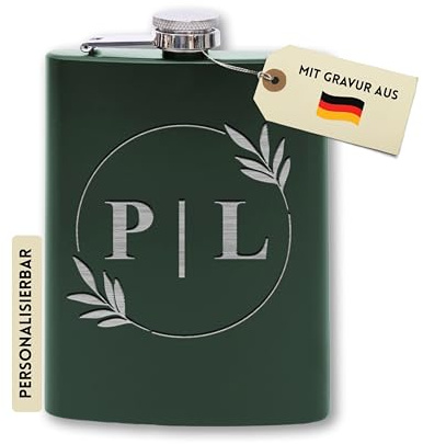 Flanacom Flasque avec gravure en acier inoxydable avec entonnoir 227 ml / 8 oz - Cadeau de mariage - Cadeau d'alcool pour homme - Personnalisable (design 2, 8 oz, vert)