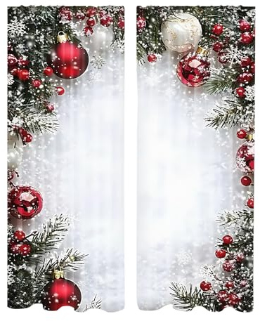 shjxi Weihnachtsgardinen Für Wohnzimmer,2 Stück Weihnachtskugel Druck Bezug,2D Flach Gedruckte Vorhänge Mit Schneeflocken Und Kiefernzweig Muster | Für Schlafzimmer Wohnzimmer Innenbereich