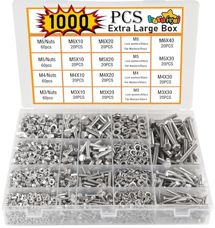 huruirui 1000pcs M3 M4 M5 M6Jeu de Vis et écrous Vis Boulon et écrous à Tête Hexagonale 304 Visserie Inox Assortiment Ecrous et Boulons Rondelles Kit pour Réparation Bricolage Mécanique