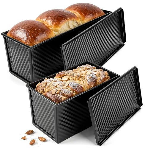 Molde para Pan de Molde con Tapa 2 Piezas, 32 cm & 21 cm Molde Rectangular de Acero al Carbono con Revestimiento Antiadherente, Diseño con Borde Ondulado y Base Perforada – Incluye 3 Espátulas – Negro