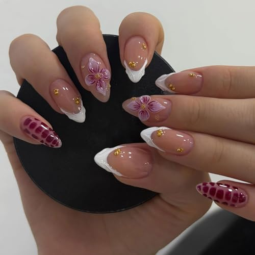 LunarCharm 30 Stück Pflaumenrot French Tip Press on Nails, kurze mandelförmige Acryl Kunstnägel mit 3D-Blumen-Design, glänzende Aufdrücknägel vollständige Abdeckung Klebenägel