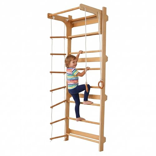 Relaxdays Espalier enfant, 215x80x57,5 cm, barre de traction, anneaux, échelle, naturel, mur d'escalade