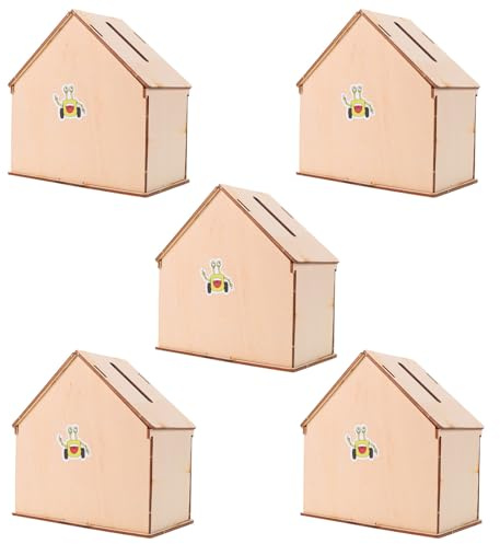 HORIALENCE 5 St DIY Trägris Sparbössa i Form av Små Trähus Ofärdiga och Målbara Verktyg Barnvänligt Hantverkskit för Sparande och Montessori Steam Aktivitet för Pojkar och Flickor
