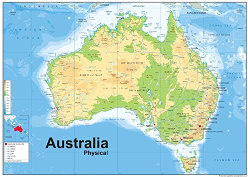Physische Karte von Australien, Größe A1, 59,4 x 84,1 cm, Vinyl