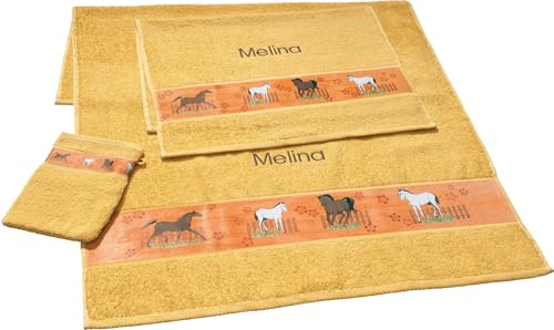 Erwin Müller Kinder-Handtuchset, Frottier-Set 3-TLG. mit Namen personalisiert gelb Größe 70x110 cm + 50x70 cm + 15x21 cm, saugstark, 1 Handtuch, 1 Badetuch, 1 Waschhandschuh - 100% Baumwolle