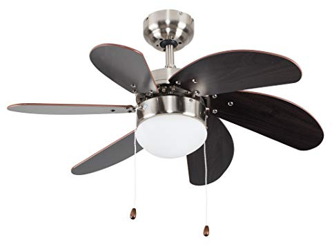 MiniSun | Silver Chrome and Wood Modern 6 Blade Ceiling Fan with Flush Light | LED Bulbs, Home Décor Essential | Includes 1x 4W LED E14 Light Bulb with 3000K Colour Temperature | Mains Wired