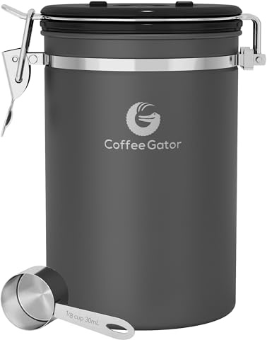 Kaffe gator kaffebehållare, 645 ml lufttät rostfritt stål kök matförvaringsbehållare med datumspårare, CO2-frisättningsventil och skopa för bönor, mark, socker, kakburkar, te, flingor – grå