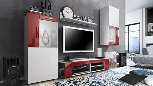 Vladon Ensemble de Salon Movie Comprenant 1 Meuble Bas TV, 2 vitrines et 1 étagère, Blanc Mat/Bordeaux Haute Brillance, (Dimensions totales : 300 x 190 x 39 cm)