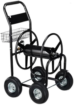 Relaxdays Carrello Avvolgitubo in Metallo, 4 Ruote in Gomma, XL, con Manovella, per Tubi 60 m, HLP 114x64x90 cm, Nero