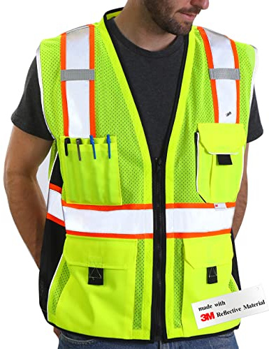 Dib Safety Reflektierende Weste, gelbes Netzgewebe, Warnweste mit Taschen und Reißverschluss, ANSI Klasse 2, strapazierfähig, hergestellt mit 3M-Reflektorband, Größe 4XL