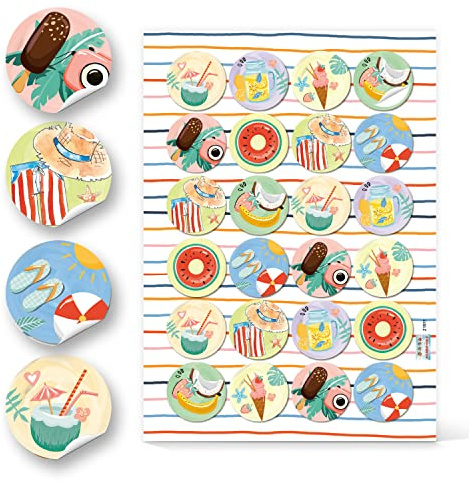 Sticker Set Sommer, 24 Stück: Bunte Aufkleber Sonne, Meer, Strand, Urlaub & Reisen, Maritime Deko Klein, Dekoration Mediterran, Maritim für Karten, Geschenke & Party, Dekosticker Kinder, Ø 4 cm