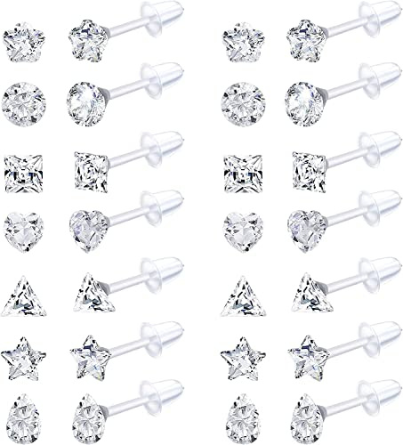Adramata 14 Pares de Pendientes de Plástico Transparente para Mujer, Pendientes de Tuerca Acrílicos con Diamantes de Imitación, Retenedor de Perforación Transparente para Trabajo deportivo,A